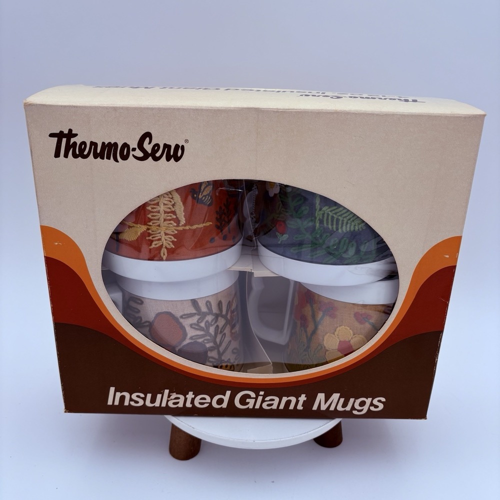 Vintage THERMO-SERV Insulated Mugs Original Box 12 Oz Fall Patterns 1970's‎